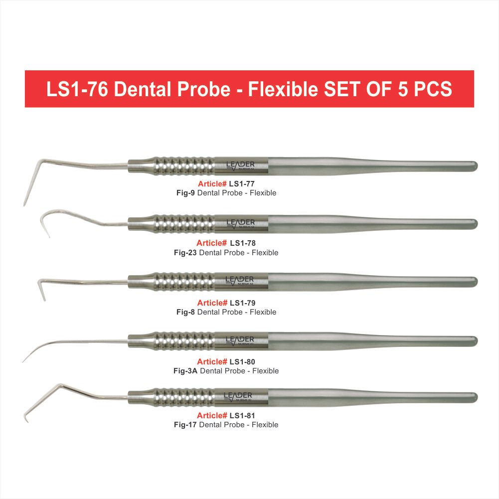 Flexible Dental Probes Set of 5 Stainless Steel Periodontal Tool | Leader Surgical Flexible dental probes set of 5 stainless steel autoclavable calibrated periodontal pocket depth examination instrument kit