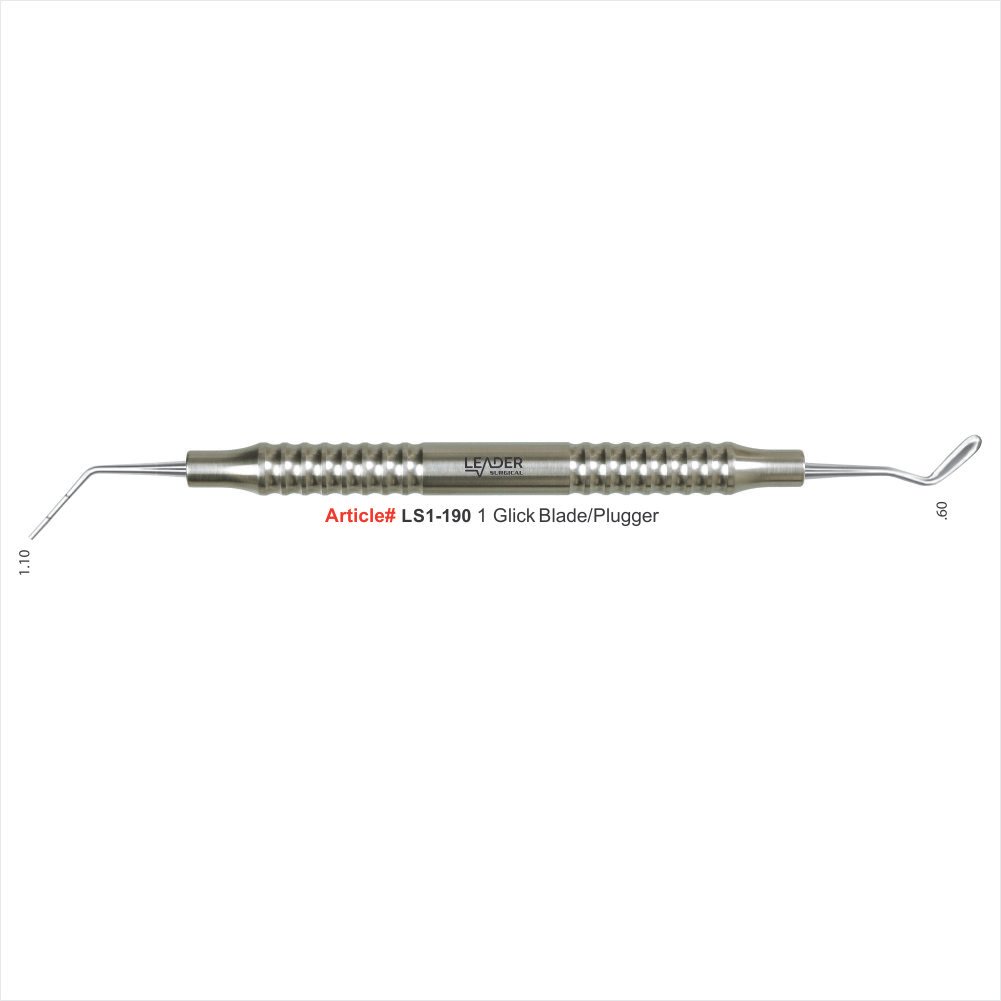 Glick Blade Root Canal Plugger #1 Stainless Steel Endodontic Tool | Leader Surgical Glick blade root canal plugger #1 stainless steel autoclavable endodontic gutta percha condensation removal obturation dental instrument