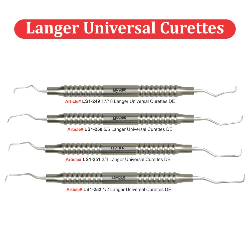 Langer Universal Curettes Stainless Steel Periodontal Scaling Tool | Leader Surgical Langer universal curettes stainless steel autoclavable subgingival scaling root planing periodontal debridement instrument