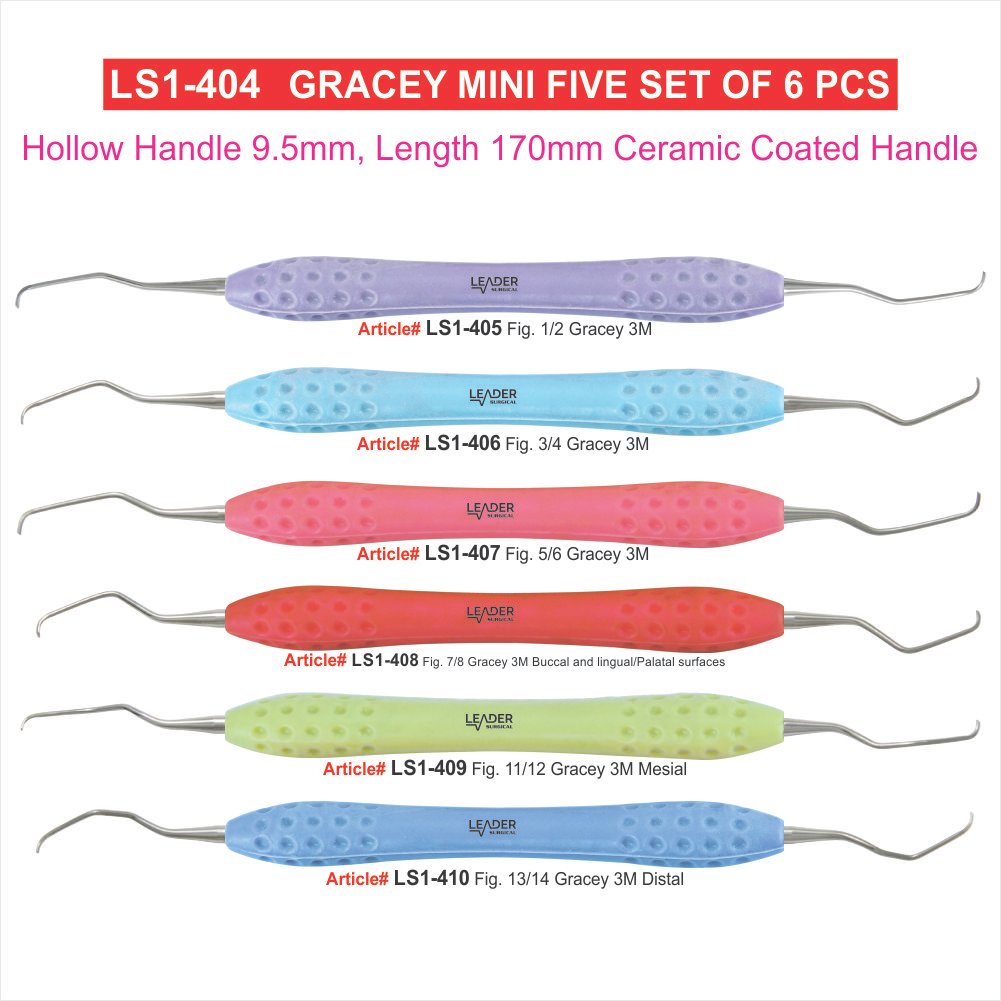 Gracey Mini Five Curettes Set of 6 Stainless Steel Deep Pocket Periodontal Kit | Leader Surgical Gracey Mini Five curettes set of 6 stainless steel autoclavable deep pocket area specific periodontal subgingival scaling root planing instrument kit