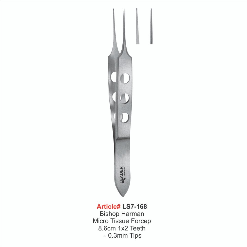 LS7-168 Bishop Harman Micro Tissue Forcep 8.6cm 1x2 Teeth -0.3mm Tips - Image 1