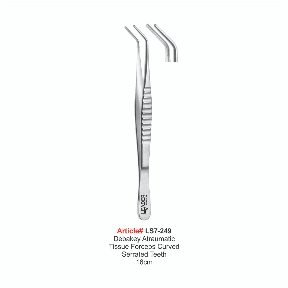LS7-249 Debakey Atraumatic Tissue Forceps Curved Serrated Teeth 16cm - Image 1